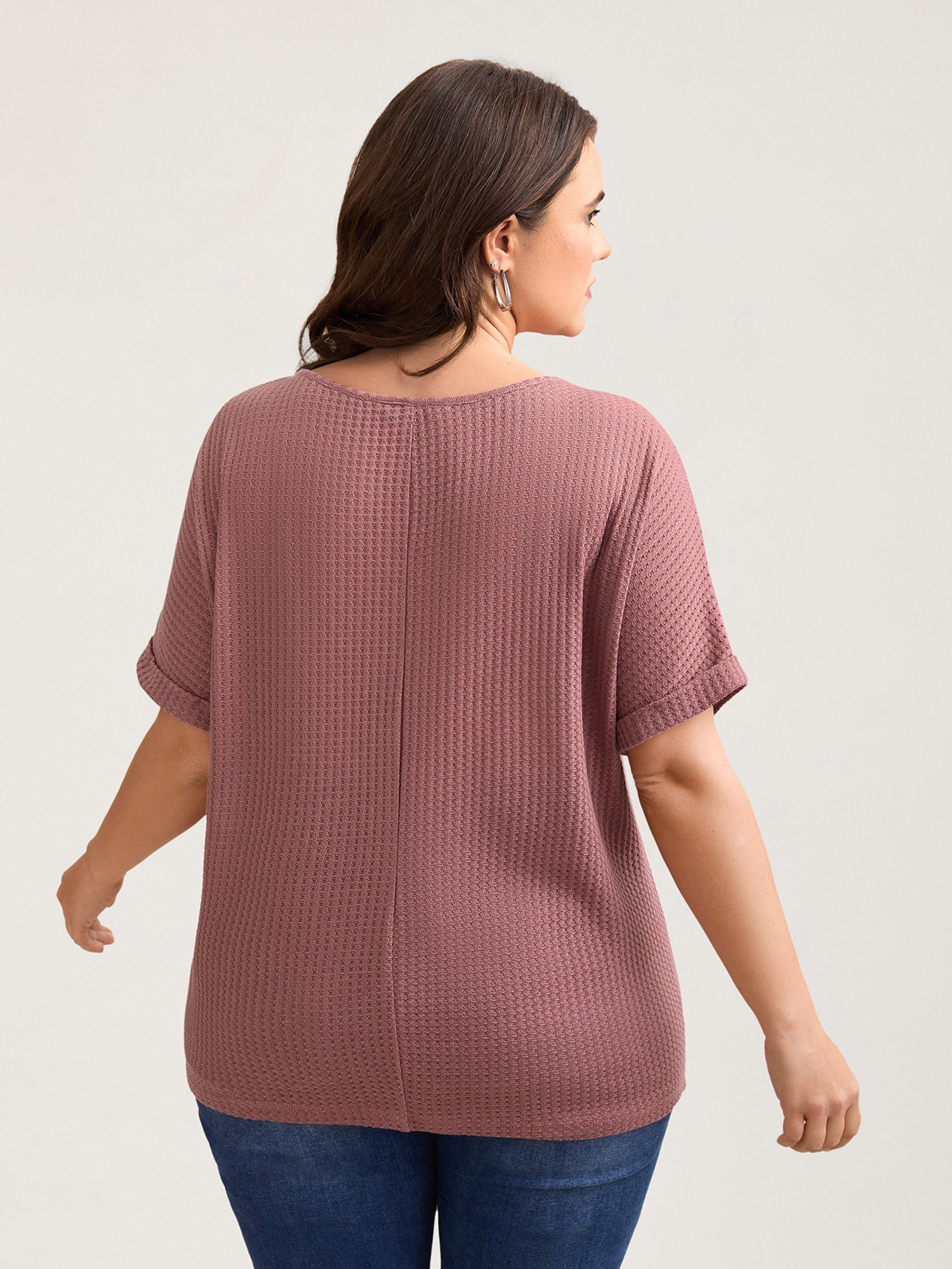 Waffle Knit Stretchy Button Split Neck T-Shirt