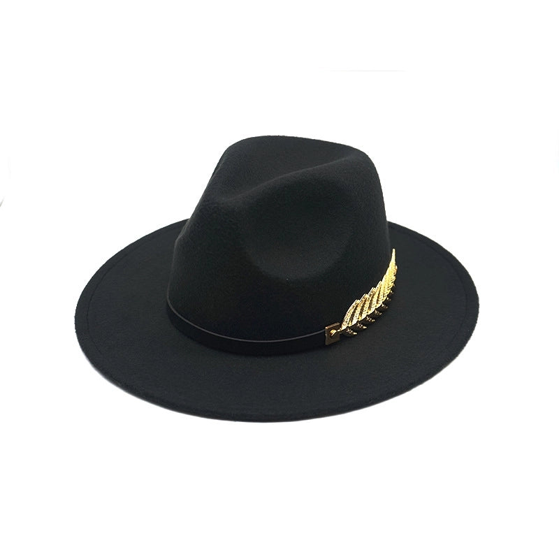 Style Fish Bone Gold Leaf Wool Gentleman Hat Large Brim Felt Hat Jazz Big Maple Leaf Imitation Wool Hat