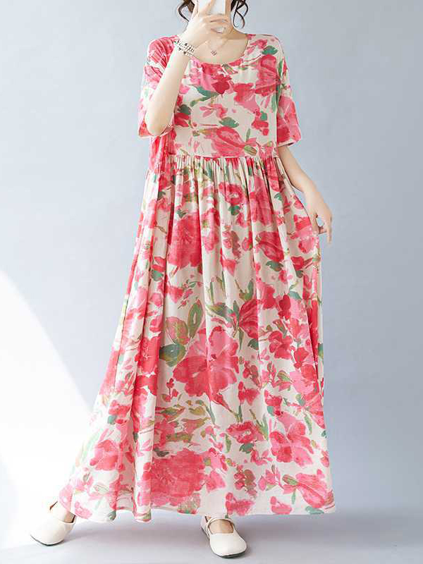 A-line Batwing Sleeves Flower Print Pleated Split-Joint Round-neck Midi Dresses