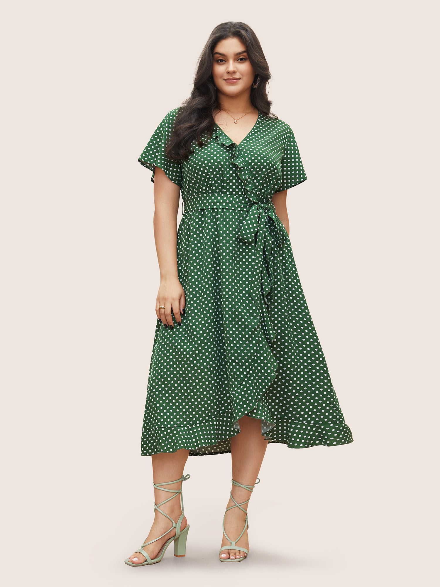 Polka Dot Flutter Trim Belted Overlap Collar Dress