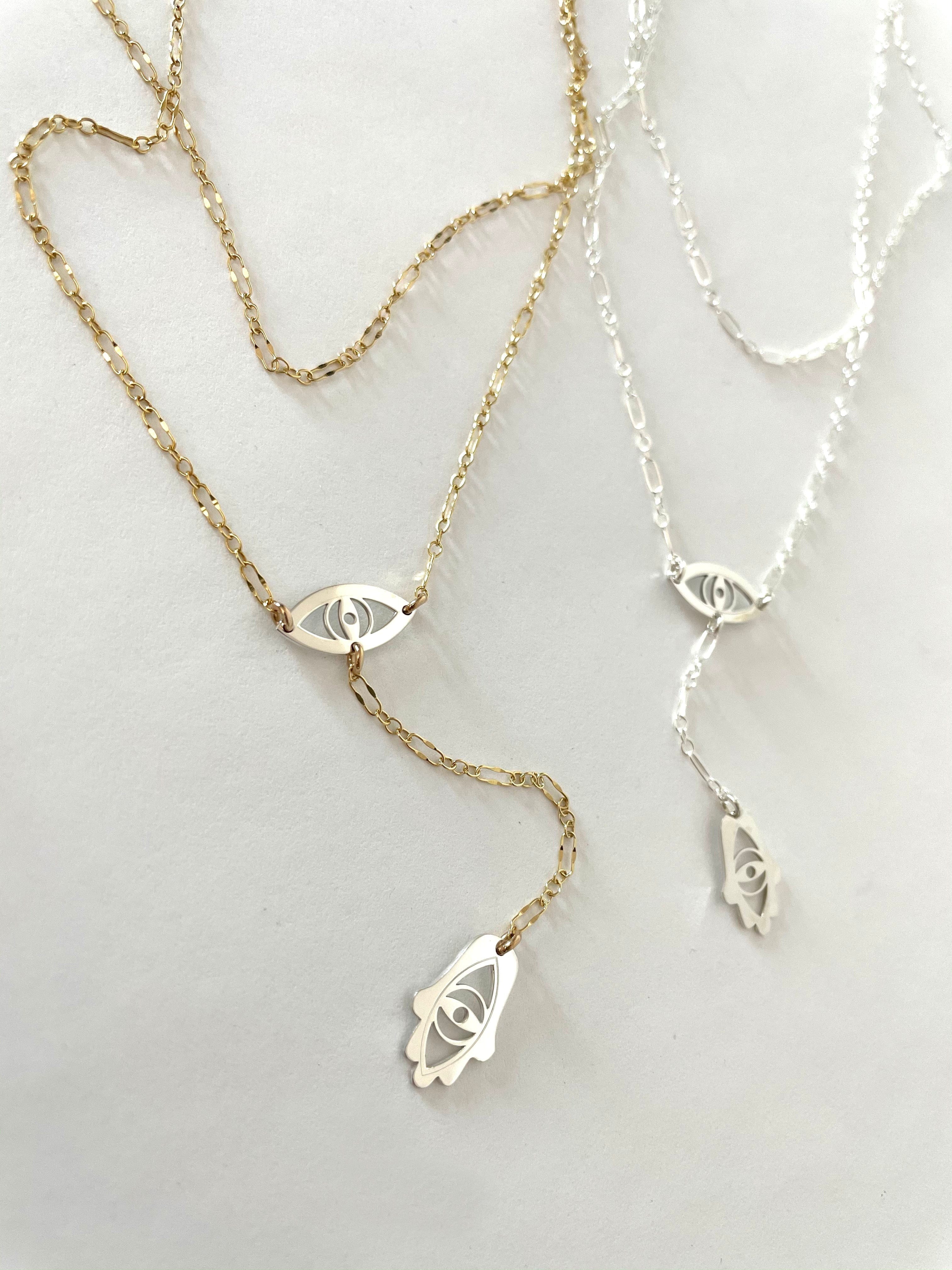 Lia Eye and Hamsa Lariat - Sterling Silver. Gold Plated or Two-Tone