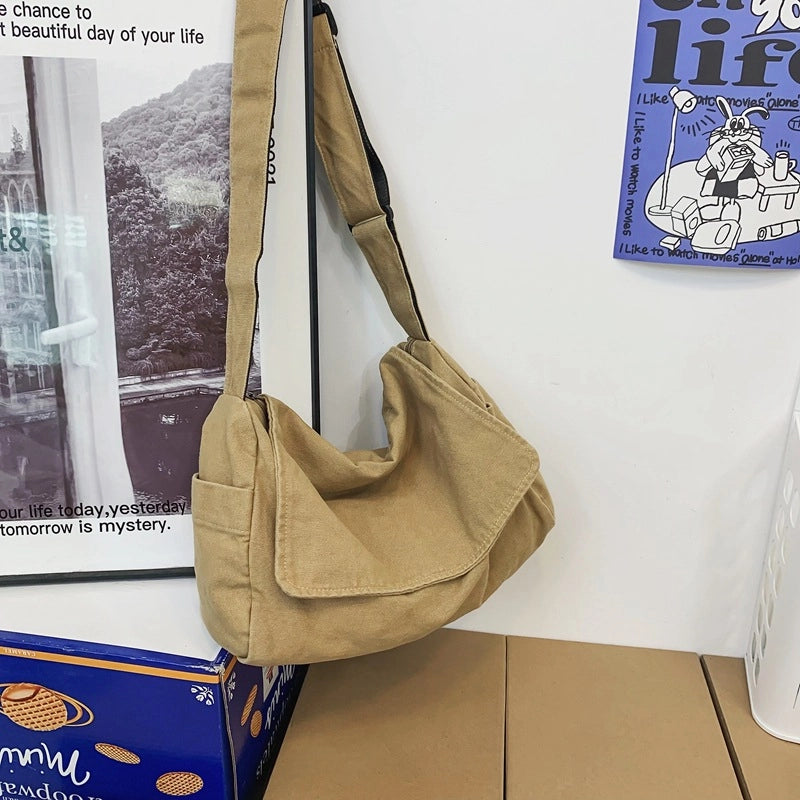Unisex Medium Canvas Solid Color Streetwear Square Zipper Shoulder Bag Crossbody Bag Messenger Bag