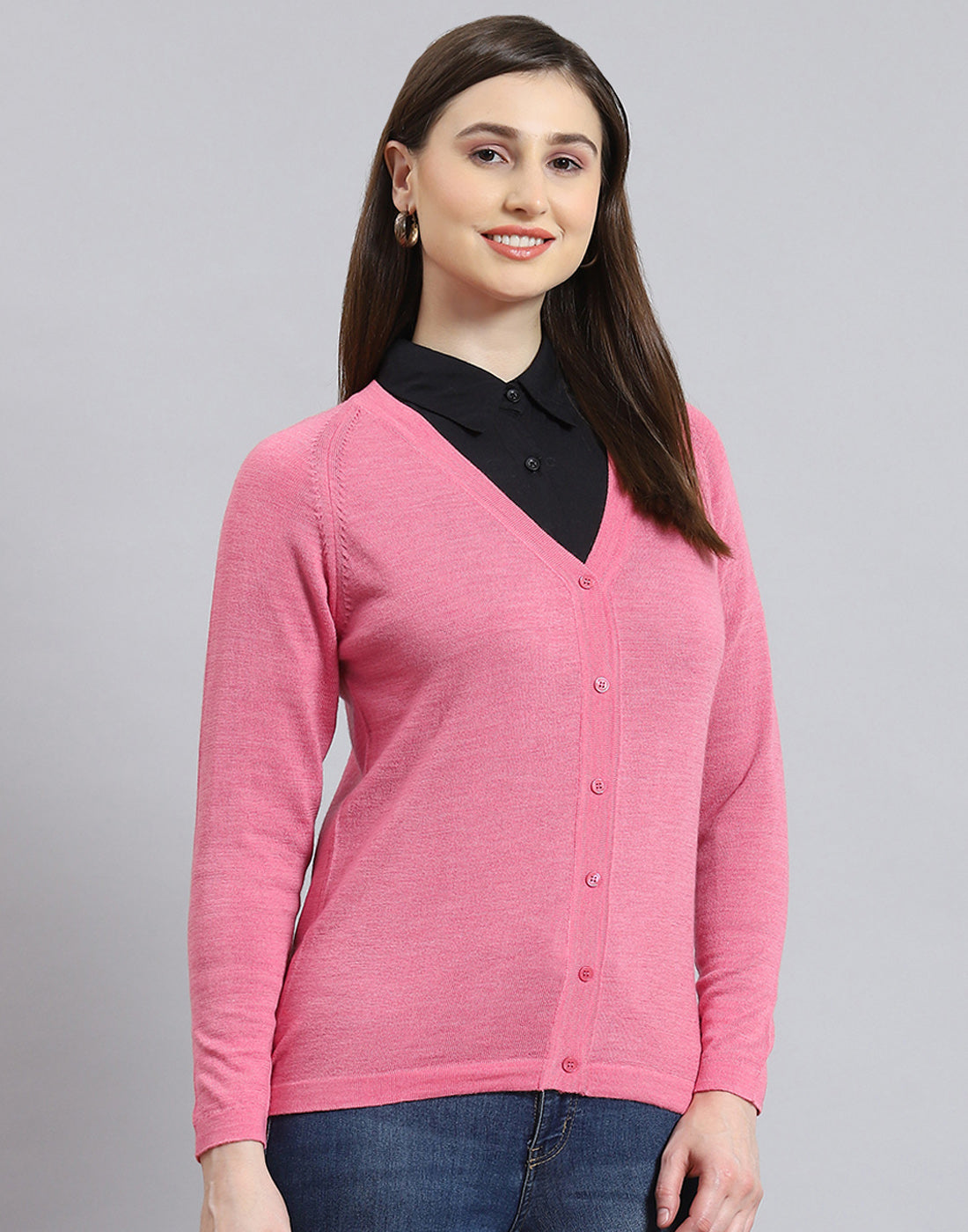 Women Pink Solid V Neck Full Sleeve Cardigan