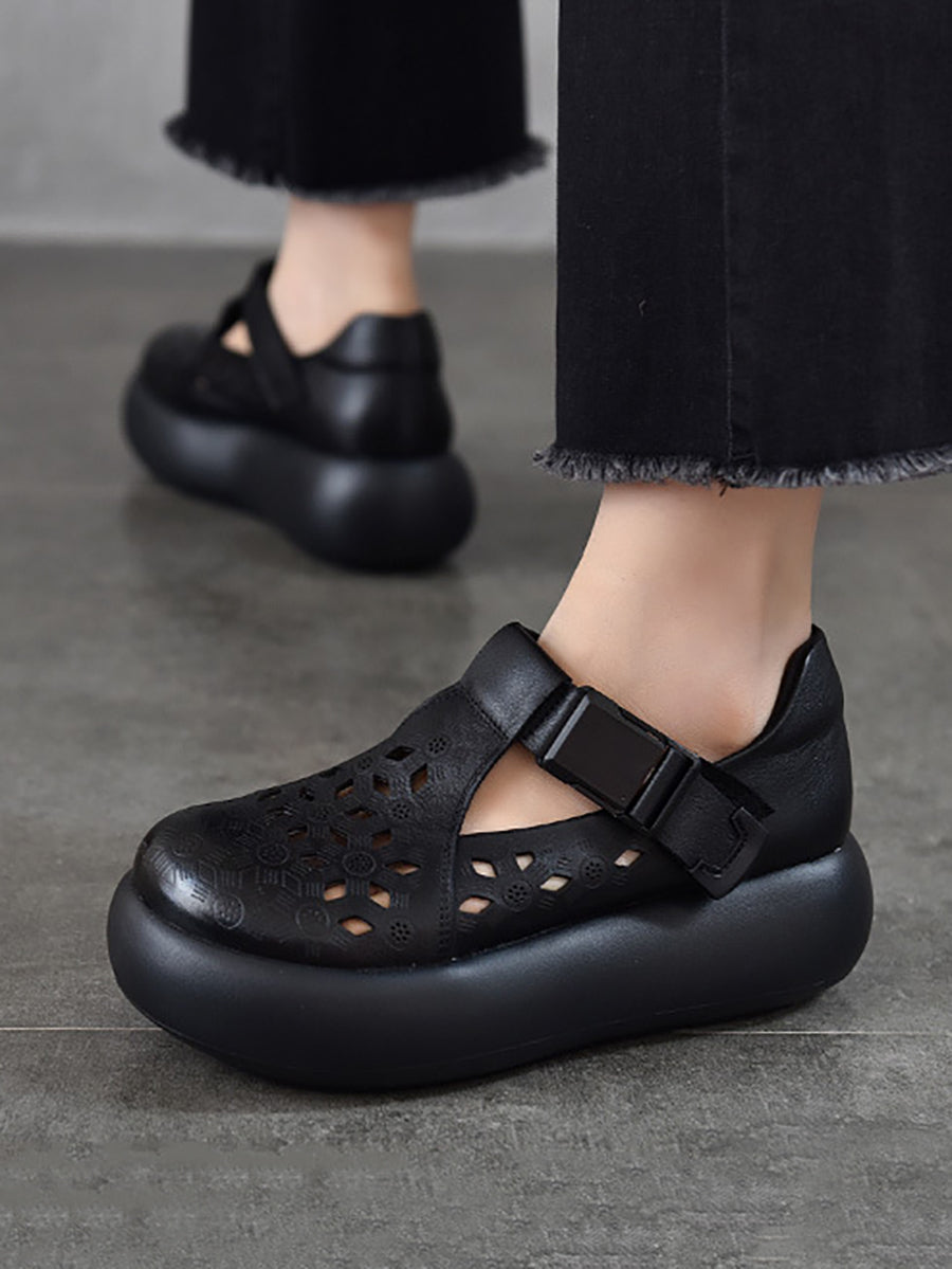 Women Casual Summer Genuine Leather Hollow Out Platform Shoes