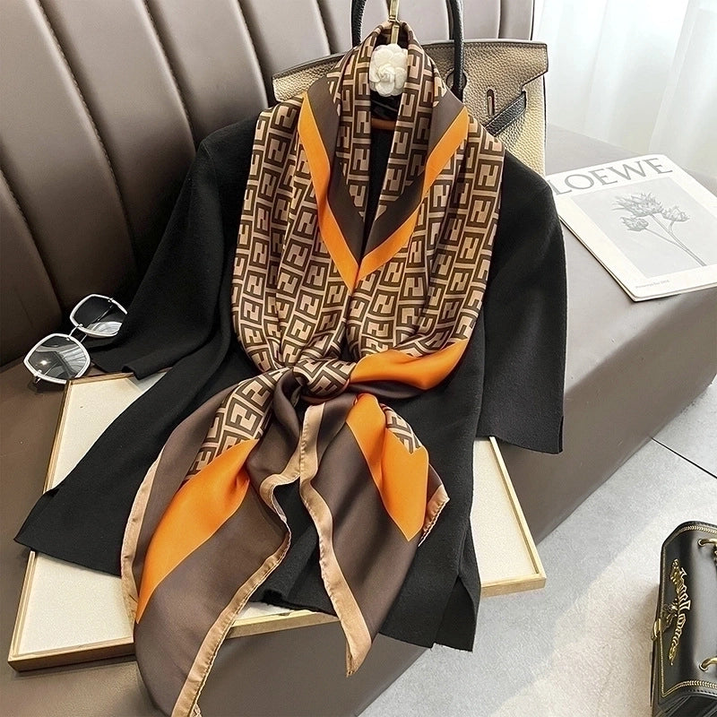 Classic Blue Orange Big Flower Simulation Silk Scarf Large Square Shawl