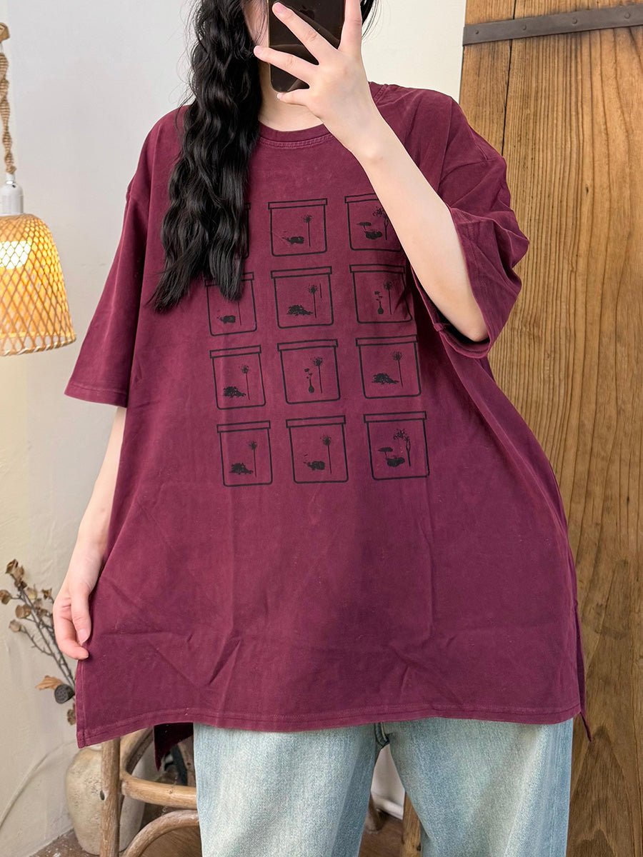 Women Summer Casual Cotton Print O-Neck Shirt