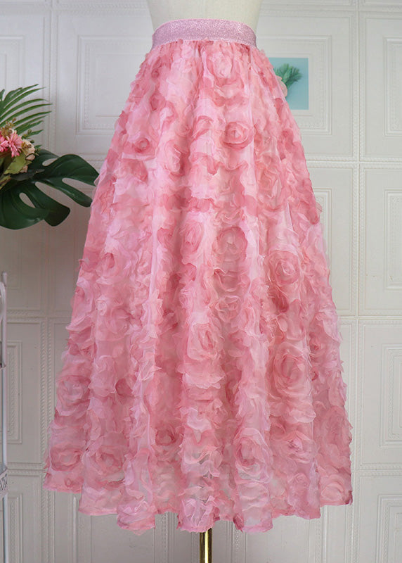 Gradient Color Pink Rose Embroidered Floral High Waist Tulle Maxi Skirt Spring