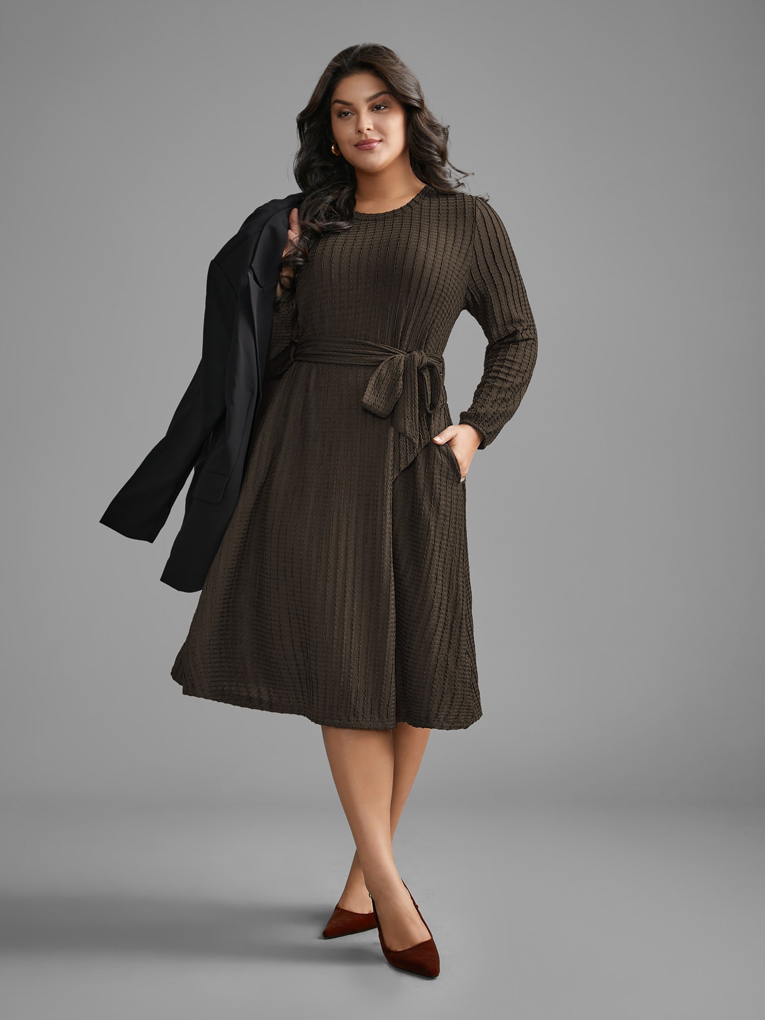 Plain Textured Belted Knit Dress