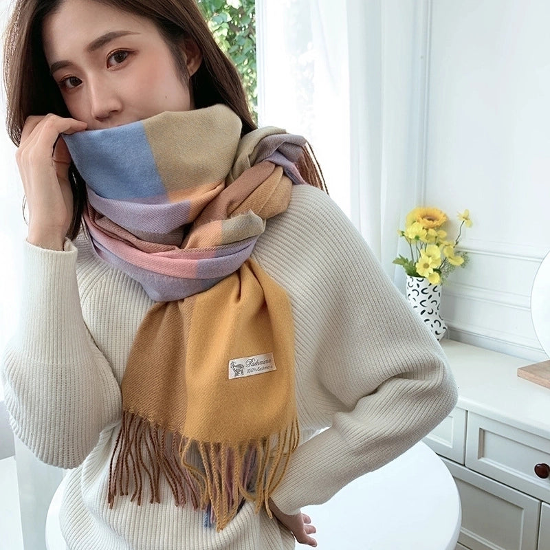 Women's Casual Minimalist Color Block Imitation Cashmere Tassel Scarf