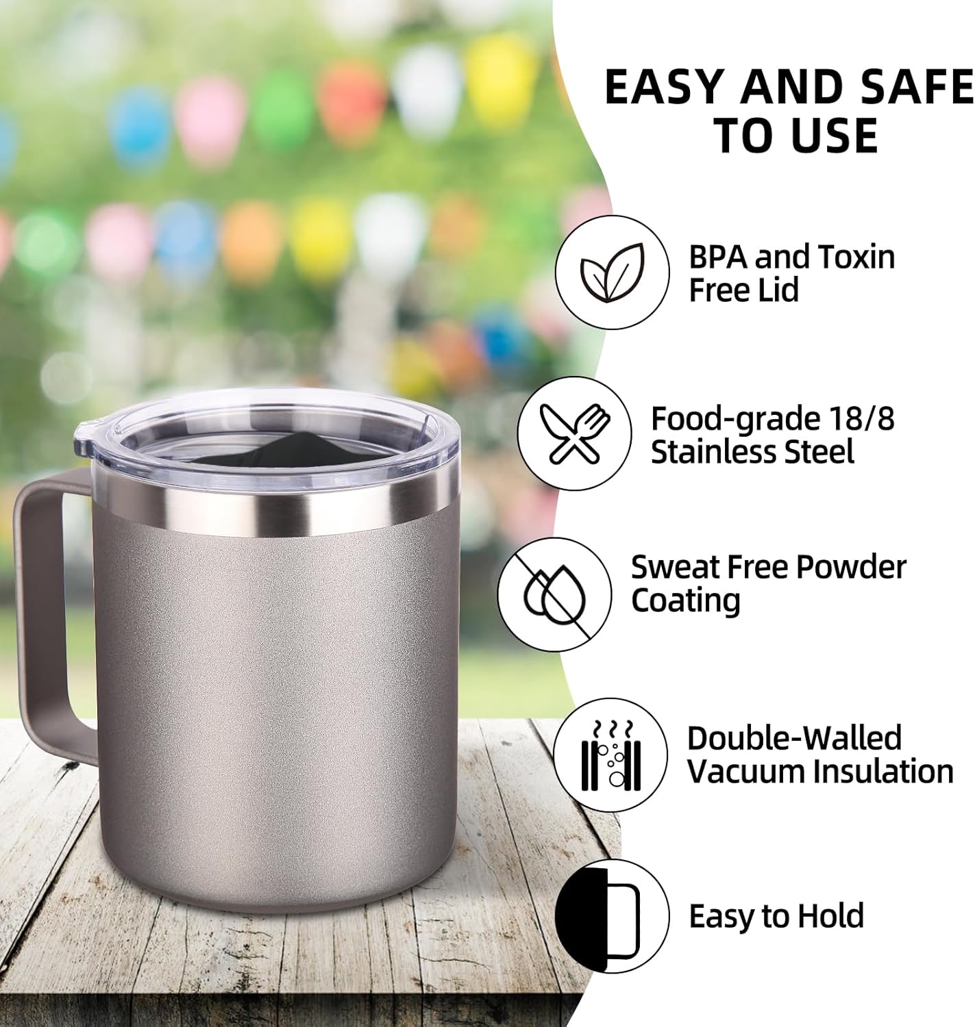Volhoply 14oz Insulated Stainless Steel Coffee Mug with Leakproof Lid,Double Wall Vacuum Travel Coffee Cup with Handle,Reusable Metal Tumbler,Camping Mugs Keep Hot/Cold,Christmas Gifts(Black,1