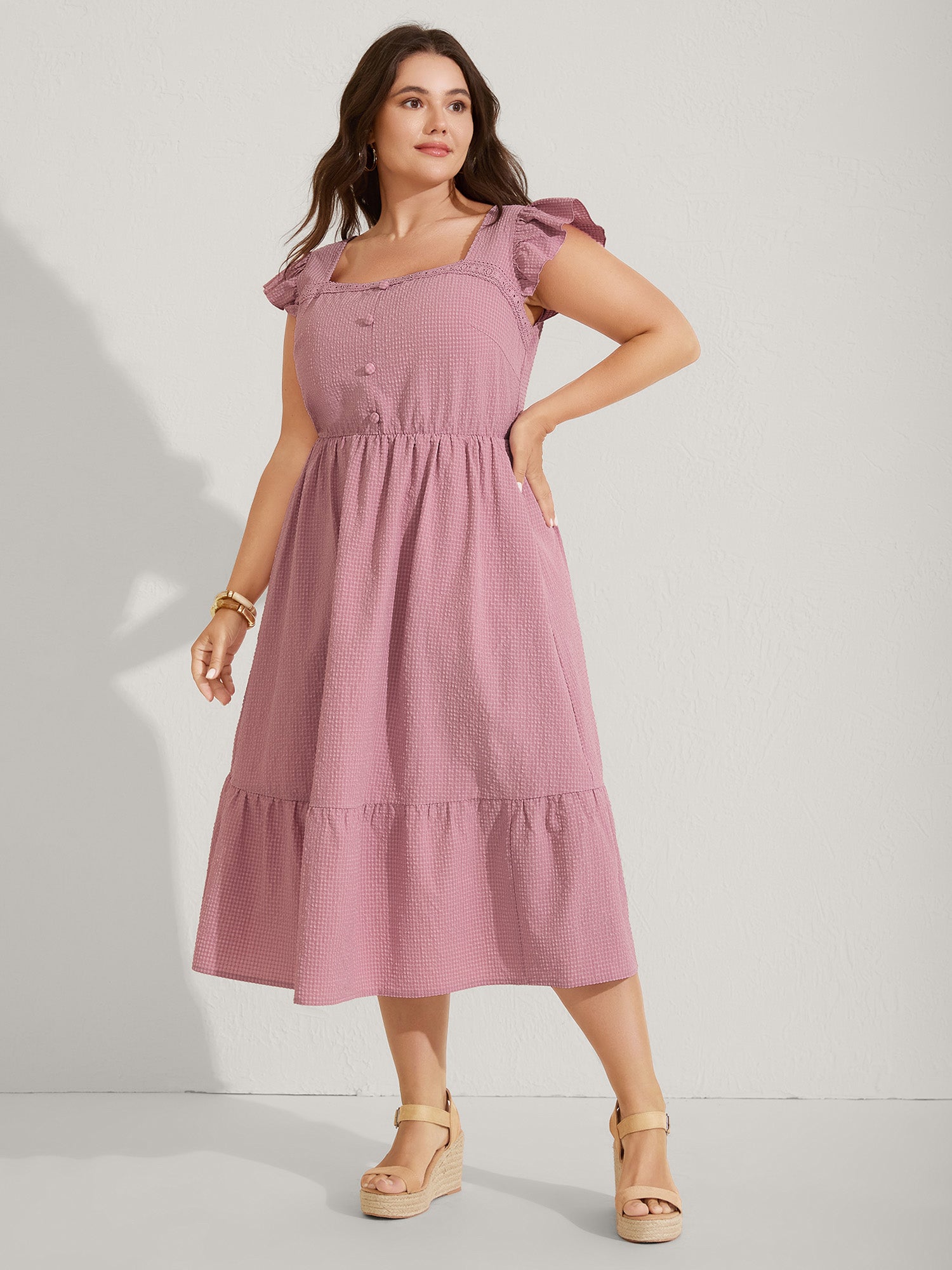 Lace Trim Button Detail Tiered Midi Dress