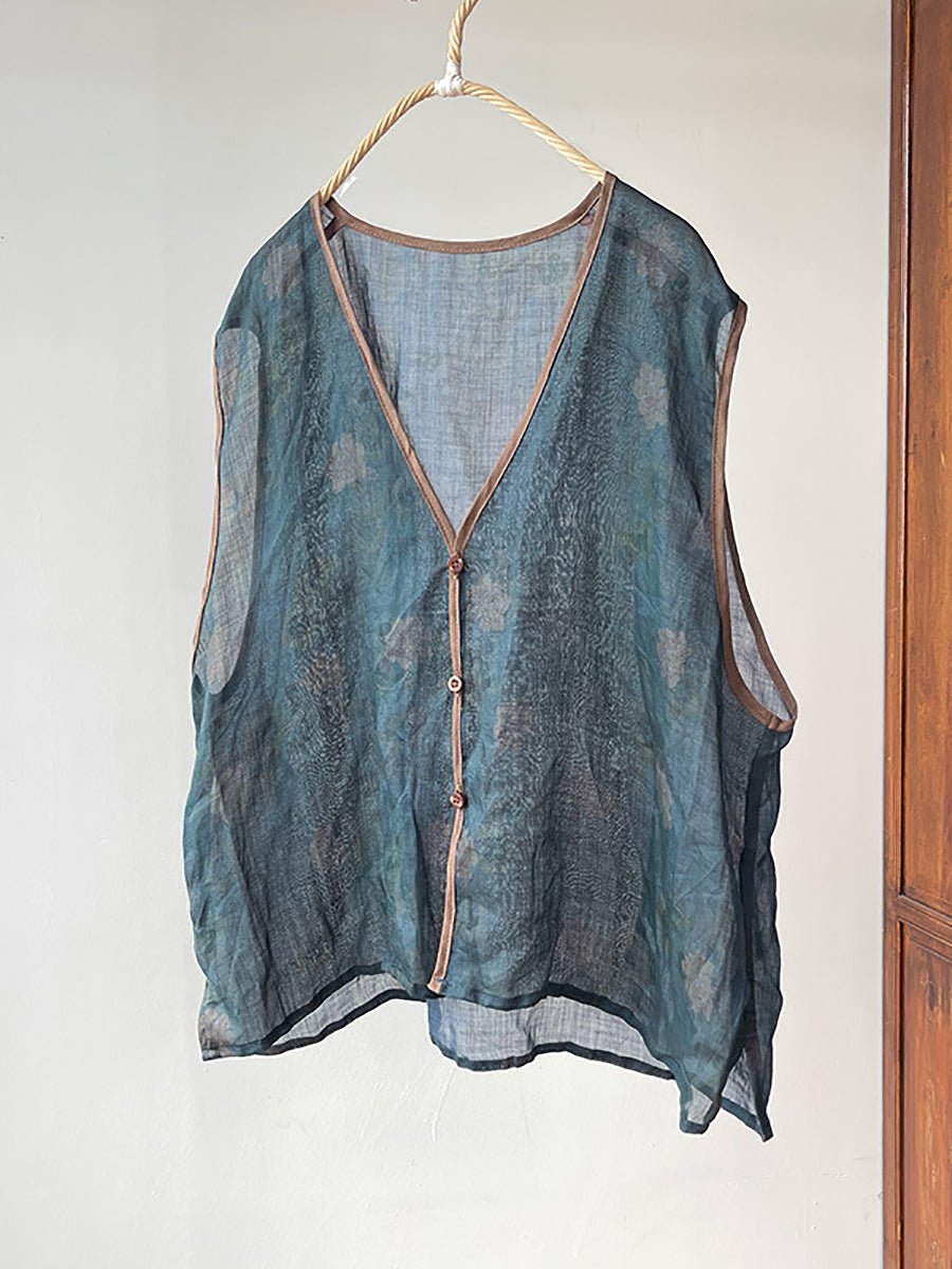 Women Vintage Floral Print Ramie Vest