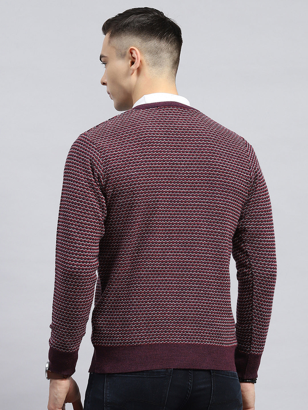 Men Burgundy Self Design V Neck Full Sleeve Pullover