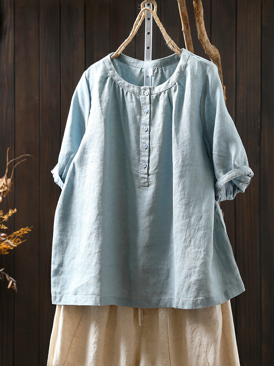 Women Summer Pure Color Button 100%Linen O-Neck Shirt