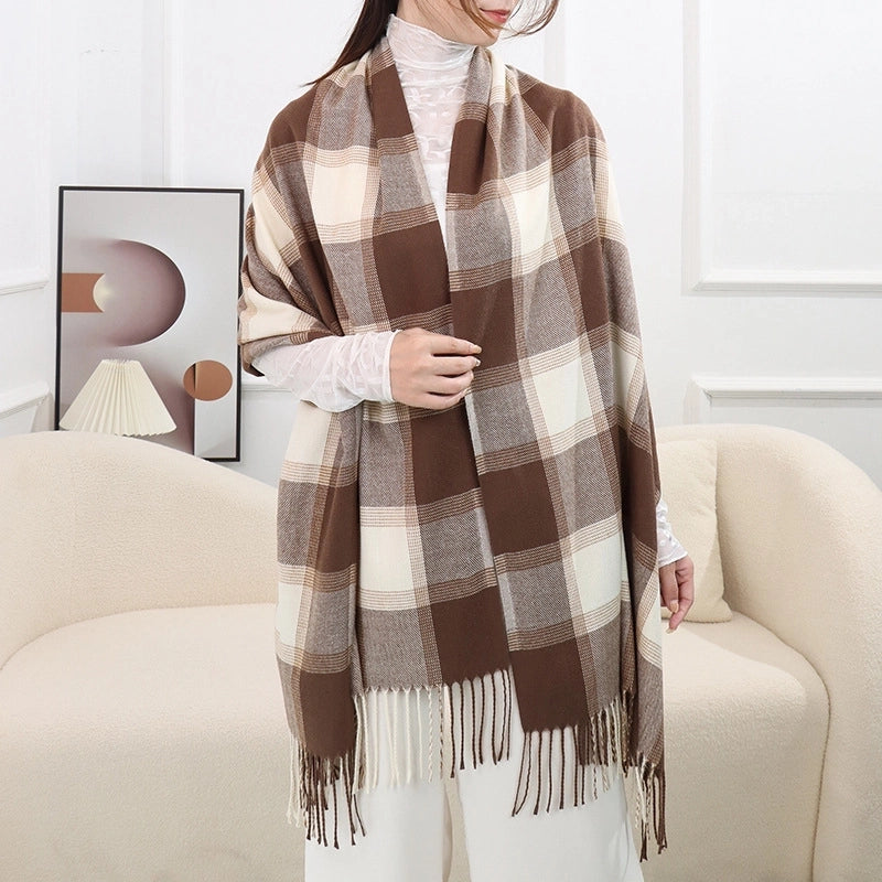 New Cashmere Scarf Women's Double Plaid Shawl Autumn And Winter Warm Tassel Long Couple Scarf