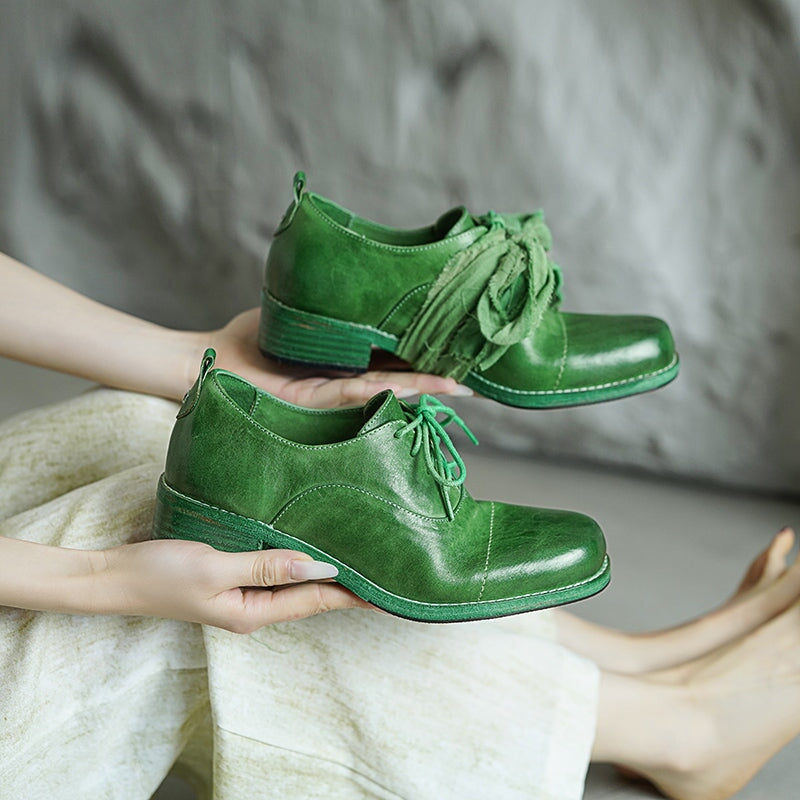 Vintage Lace-Up Derby Oxford Shoes Block Heel Leather Casual Footwear in Black/Green/Grey (better suited for thin feet)