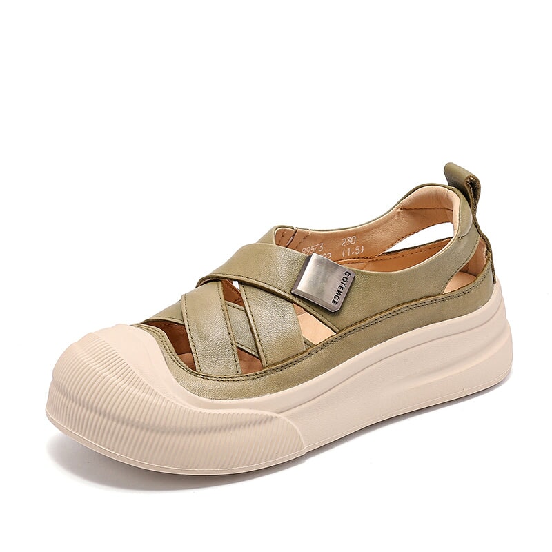 Platform Hollow-Out Low-top Roman Sandals Cow Leather Fisherman Shoes in Beige/Yellow/Green