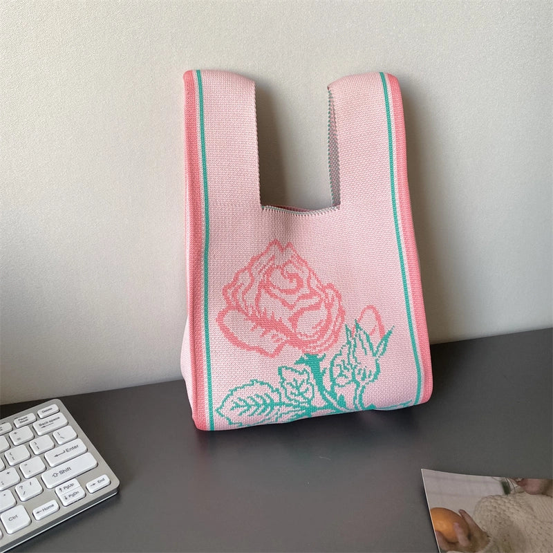Women's Small Knit Printing Lattice Flower Elegant Classic Style Square Open Handbag