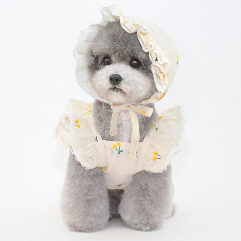 Cherry Printed Dog Cat Dress With Hat