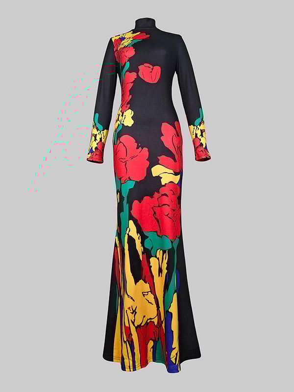 Skinny Flower Print Multi-Colored High Neck Maxi Dresses