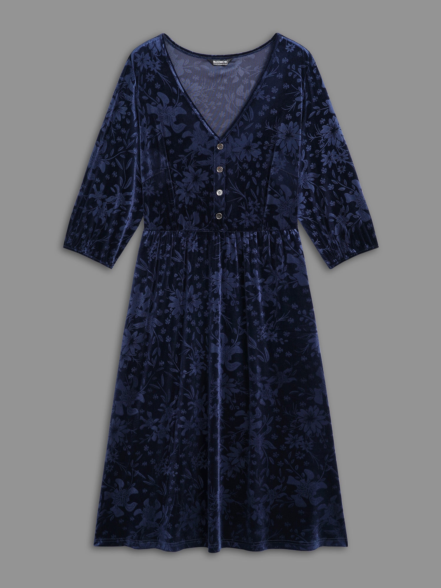 Velvet Button Detail V-Shaped Neck Dress
