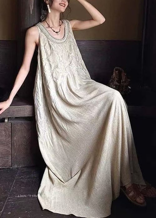 French Apricot O Neck Pockets Patchwork Cotton Long Dress Sleeveless