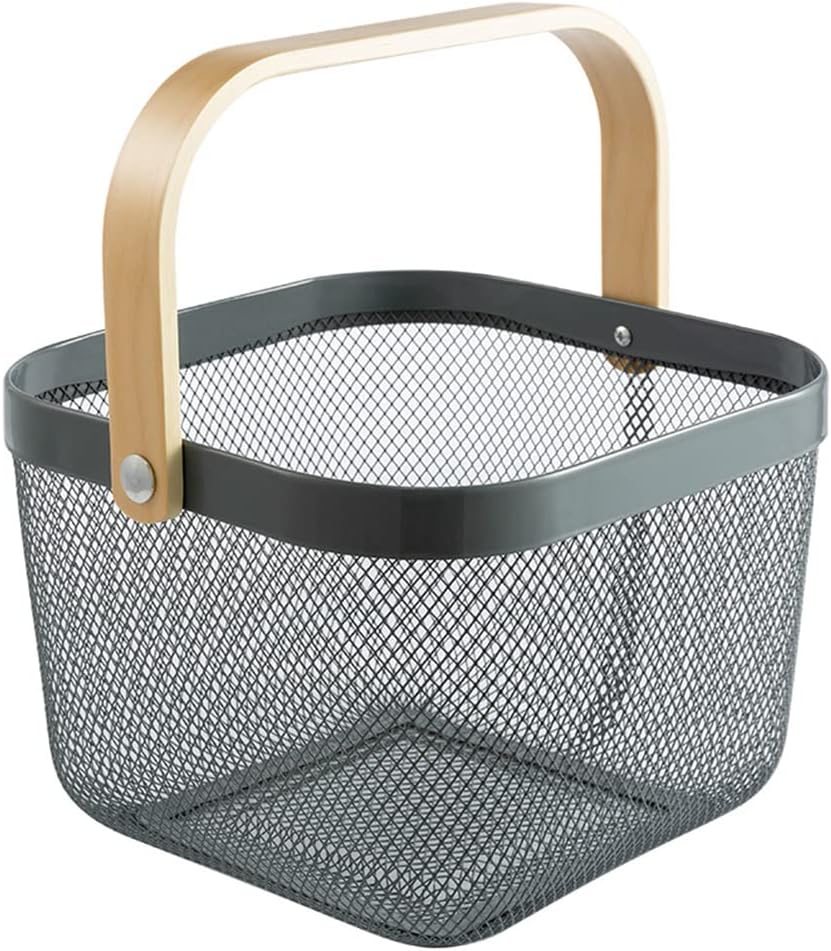 Metal Food Storage Basket With Wood Handle Kitchen Bathroom Draining Fruit Vegetables Sundries Gadget