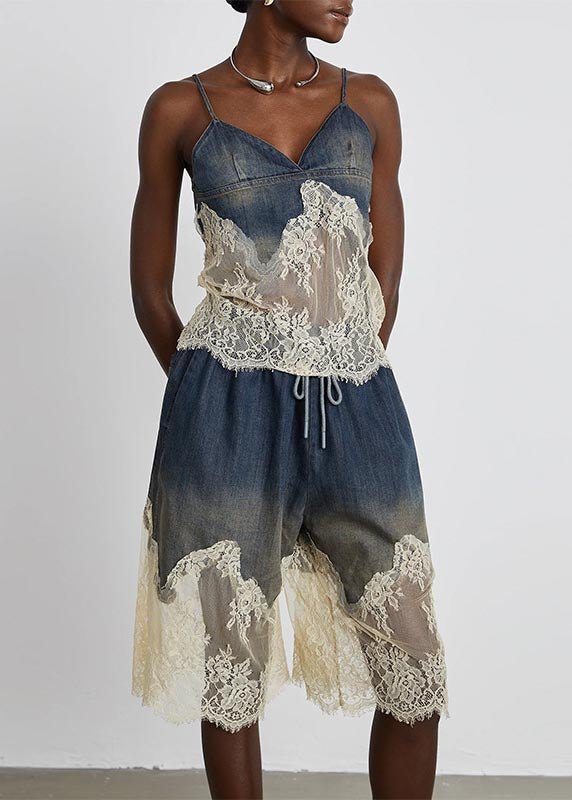 Women Navy Lace Patchwork Denim Vests And Skirts Two Pieces Set Summer