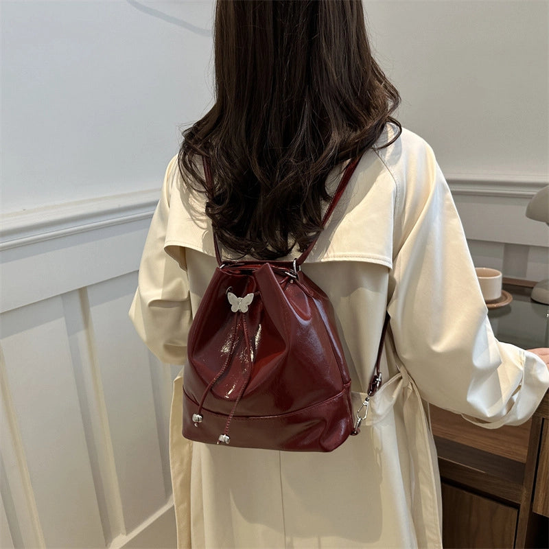 Women's Pu Leather Butterfly Classic Style Sewing Thread Bucket String Shoulder Bag Drawstring Backpack Crossbody Bag