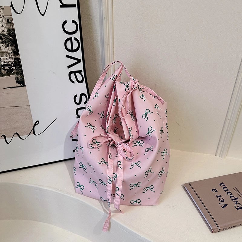 Women's Canvas Bow Knot Cute Bucket Zipper Underarm Bag