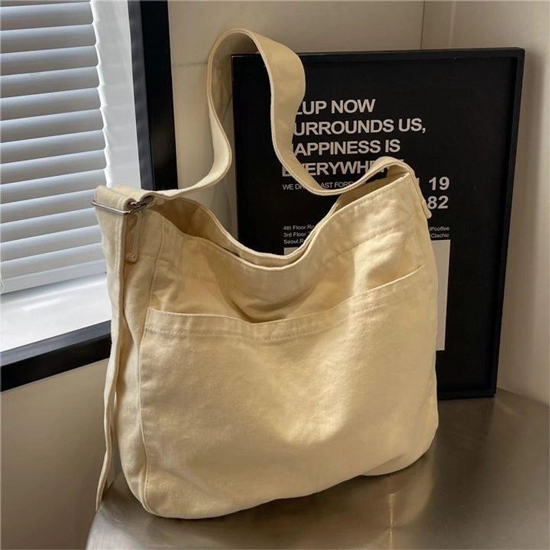 Women's Medium Canvas Solid Color Preppy Style Square Zipper Tote Bag