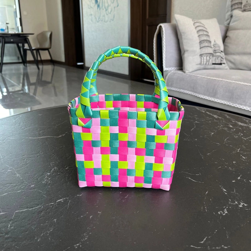 Women's PVC Color Block Plaid Vacation Weave Square Open Square Bag