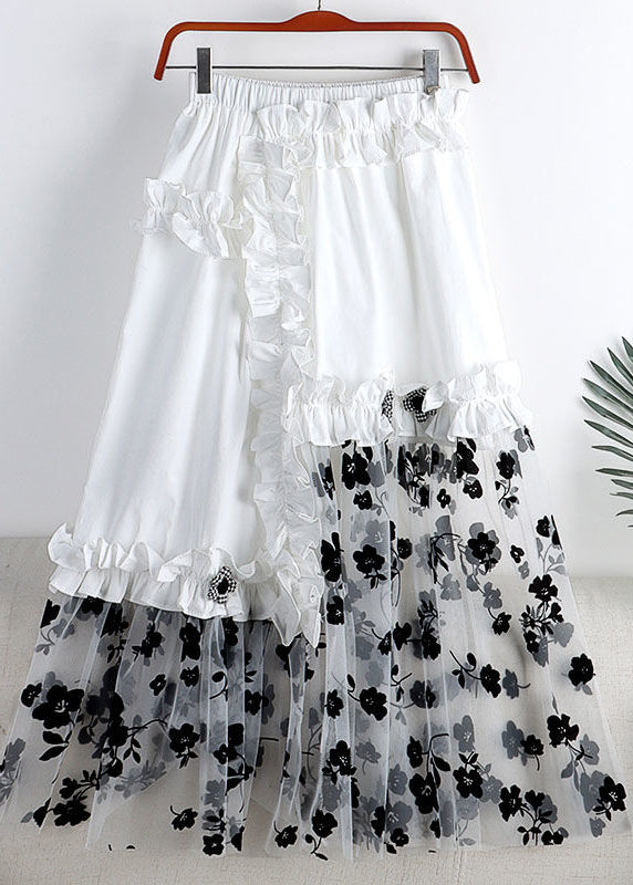 Women White Embroidered Floral Elastic Waist Asymmetrical Patchwork Tulle A Line Skirt Summer