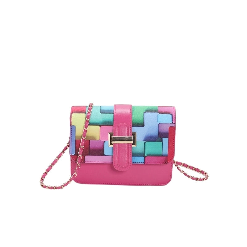 Women's Pu Leather Color Block Fashion Square Flip Cover Shoulder Bag Crossbody Bag