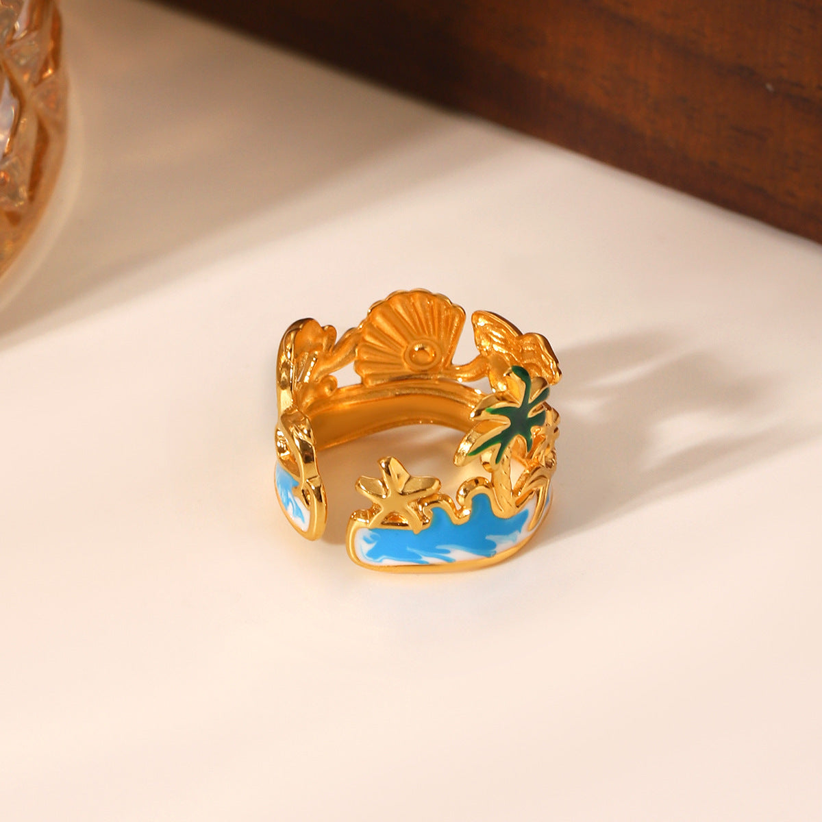 Ocean Style Mermaid Pearl Shell Oil Drop Ring Stainless Steel Gold-Plated Open Ring Design Hand Jewelry