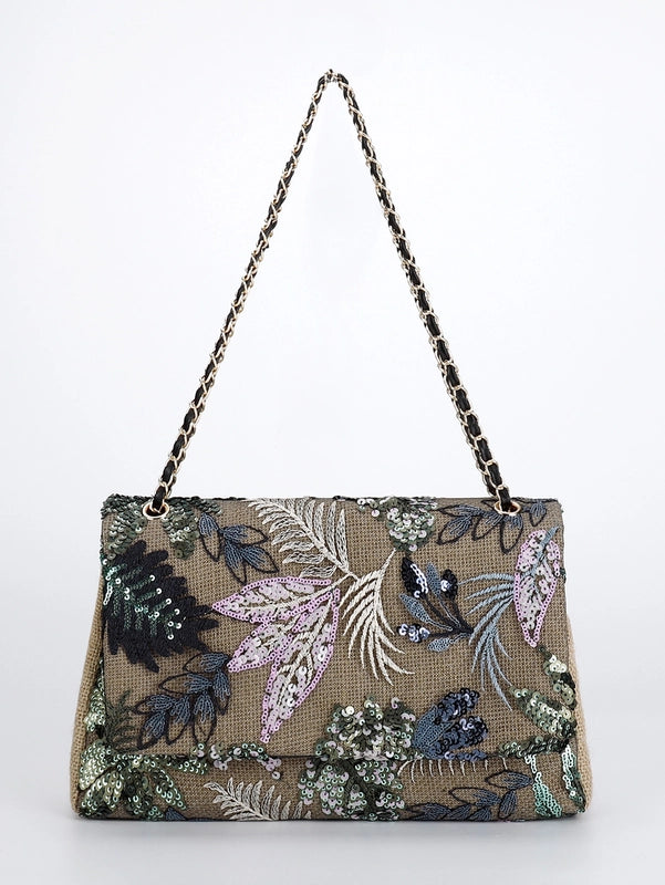10 Pieces Women's Large Hemp Material Flower Elegant Sequins Square Flip Cover Crossbody Bag
