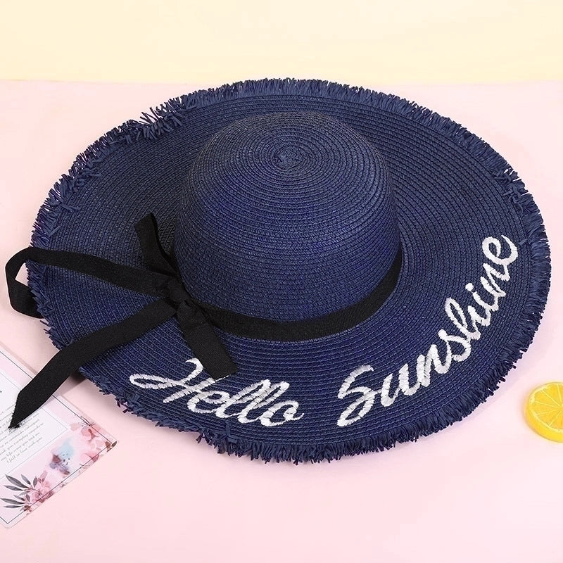 Fashion Wide-brimmed Outdoor Streamer Letter Printing Straw Sunscreen Hat