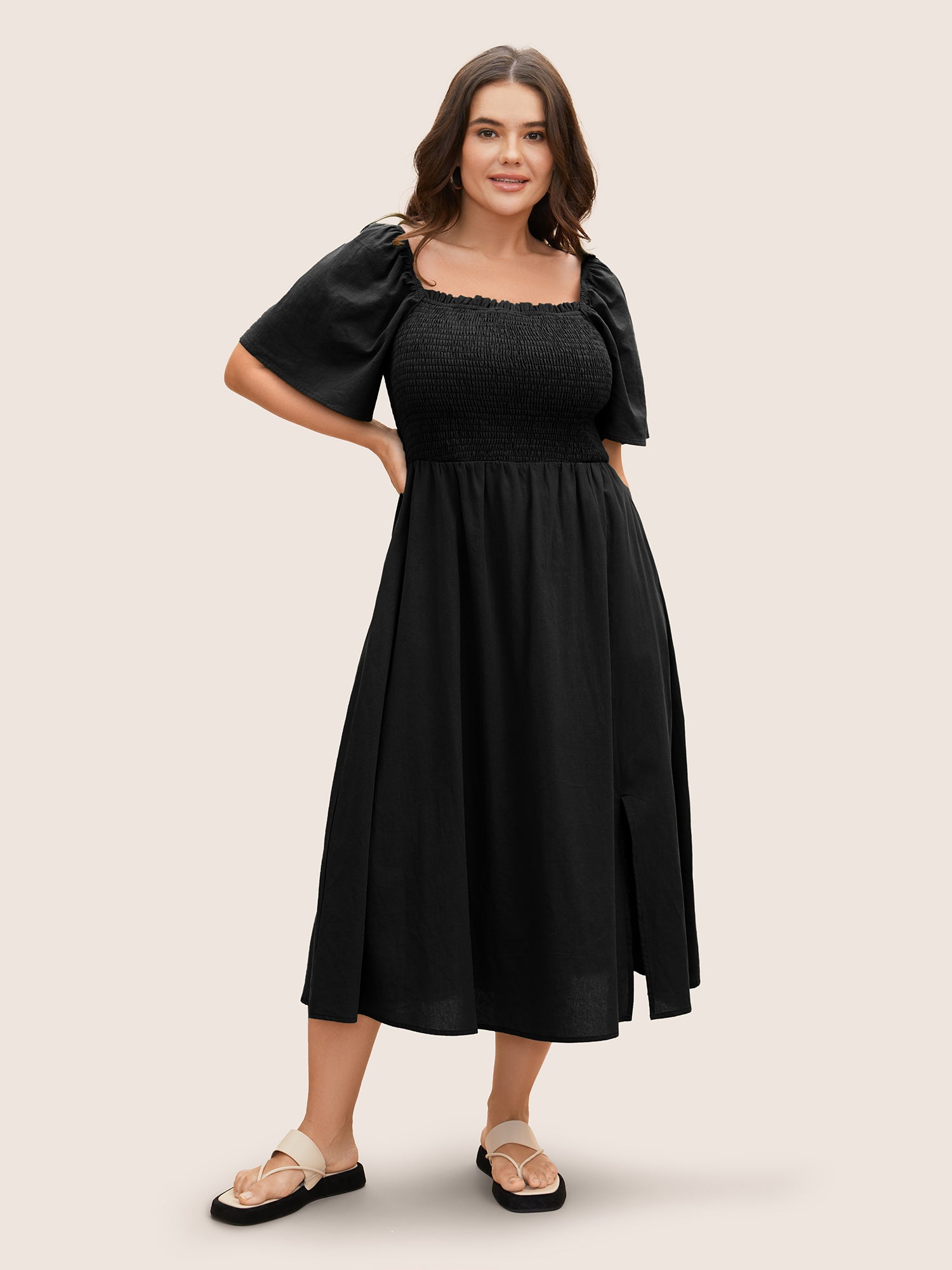 Cotton Square Neck Shirred Ruffle Sleeve Split Hem Dress