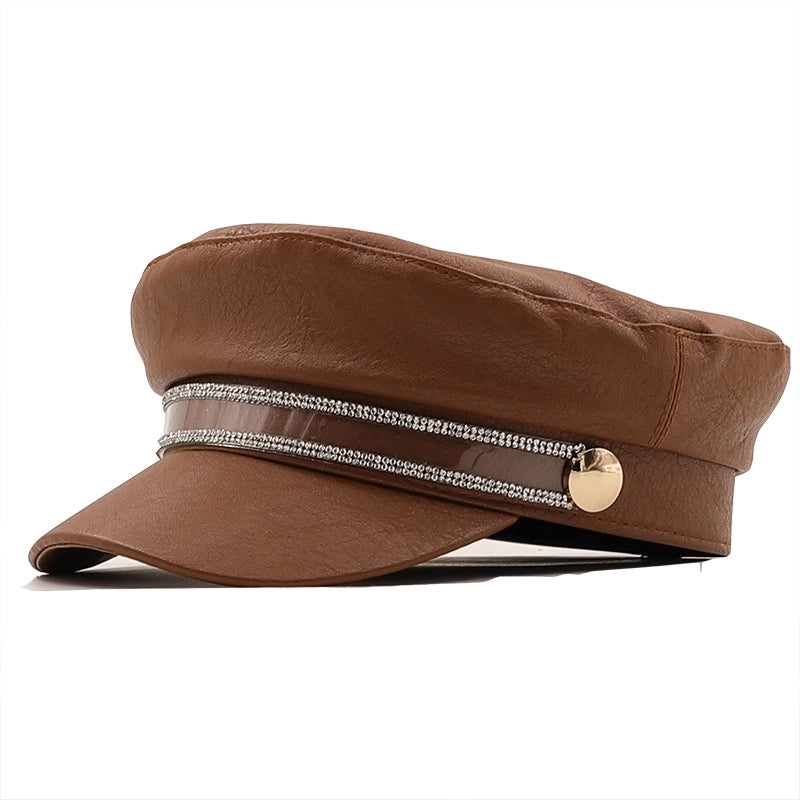Retro Pu Leather Navy Flat Top Hat