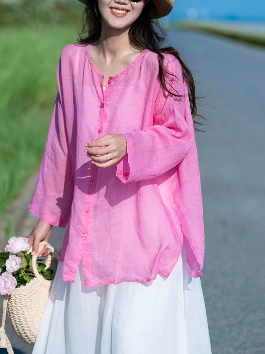 Women Summer Vintage Pure Color O-Neck 100%Ramie Shirt