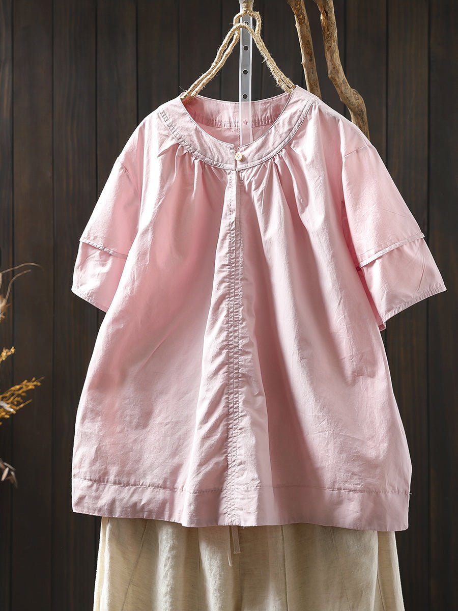 Women Summer Artsy Pure Color O-Neck 100%Cotton Shirt