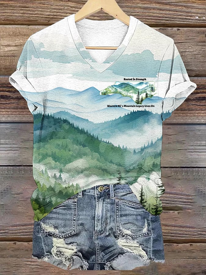 Women's Hurricane Helene North Carolina Mountain Strong Watercolor Mountains Print V-Neck Tee