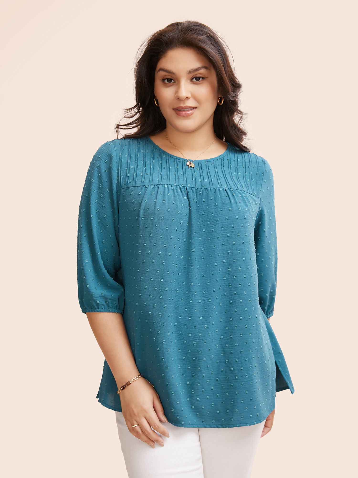 Texture Round Neck Pleated Lantern Sleeve Blouse