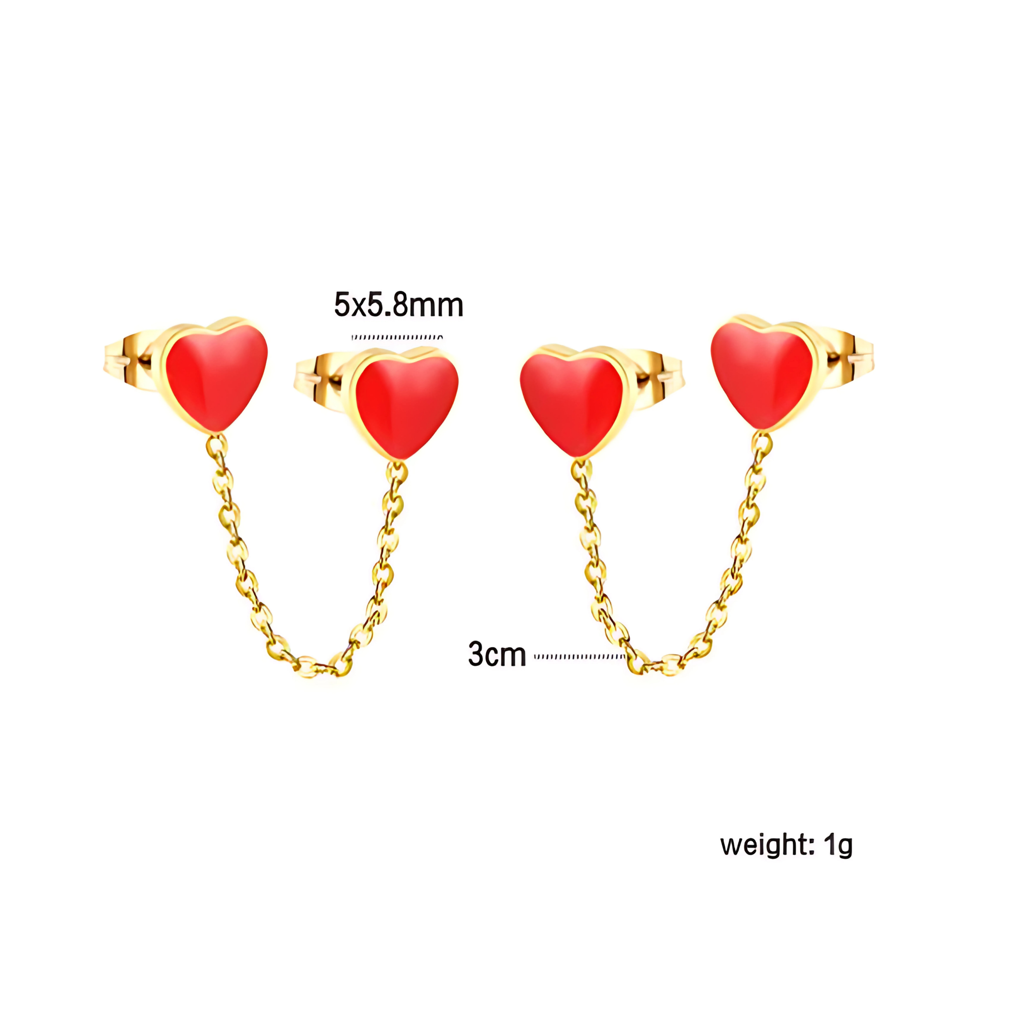 Chained red heart studs - Gold