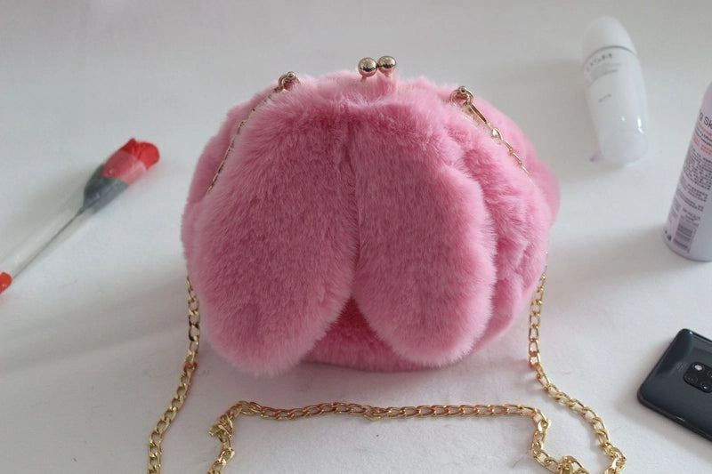 Women's Plush Rabbit Solid Color Cute Round Lock Clasp Handbag Crossbody Bag