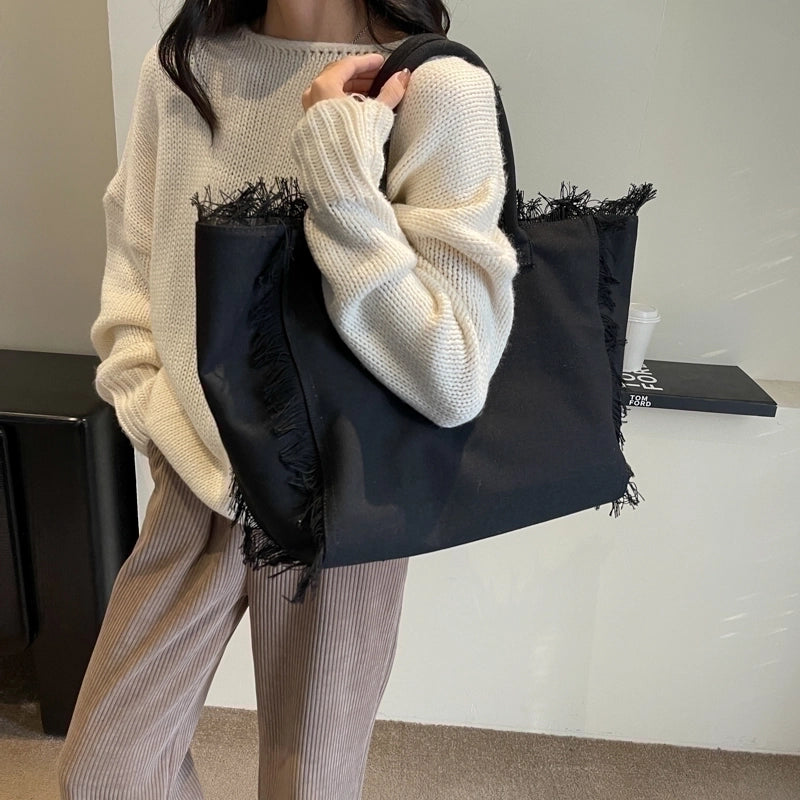 Women's Canvas Solid Color Basic Streetwear Sewing Thread Square Open Shoulder Bag Square Bag Underarm Bag
