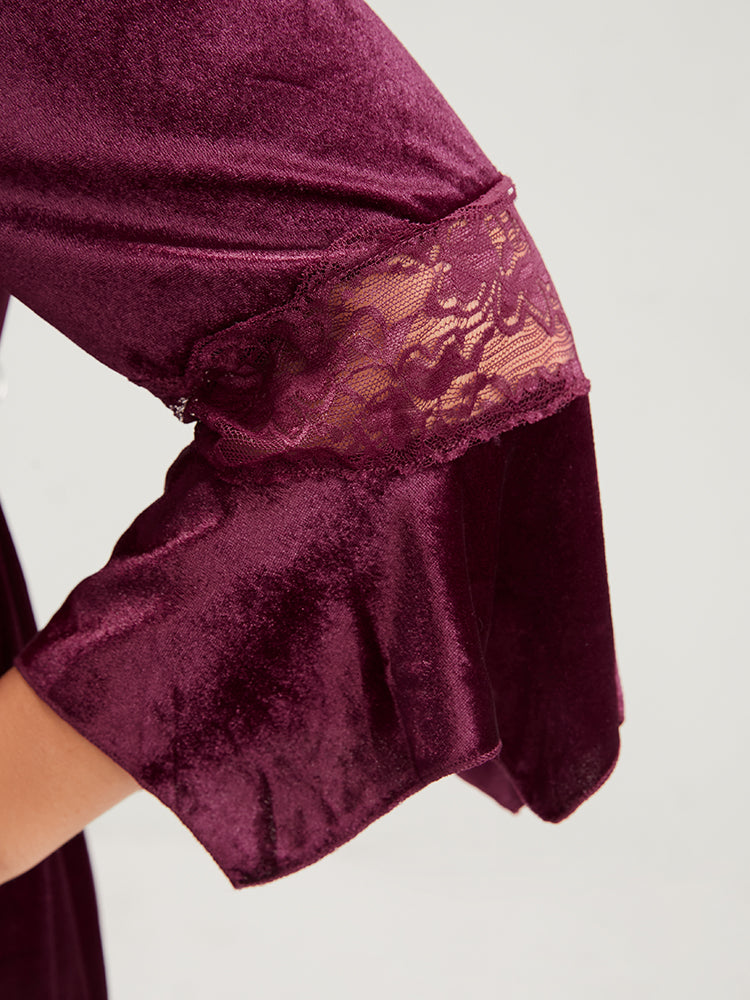 Halloween Solid Velvet Bell Sleeve Pocket Contrast Lace Ties Midi Dress