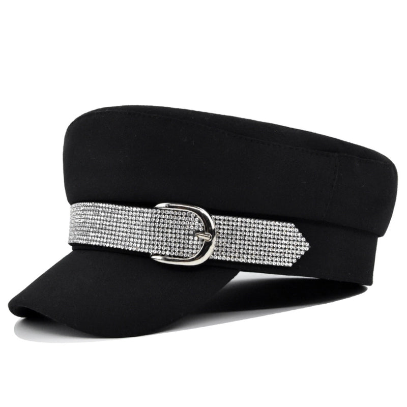 Women's Basic Retro Houndstooth Rhinestone Chain Curved Eaves Military Hat