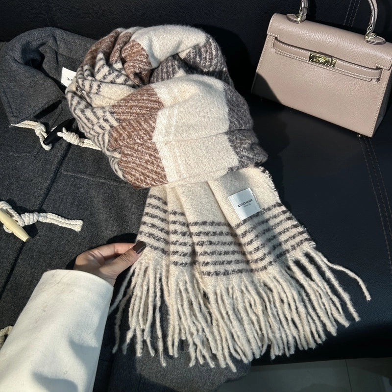 Unisex Retro Lattice Polyester Tassel Scarf