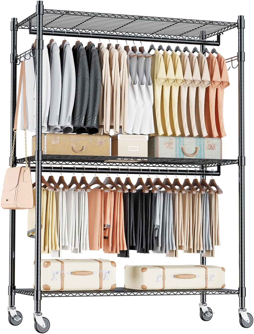 Homdox 3 Tier Heavy Duty Garment Rack with Wheels. Adjustable Wire Clothes Rack with Double Hanging Rods. Portable Closets for Hanging Clothes with Side Hooks. Black